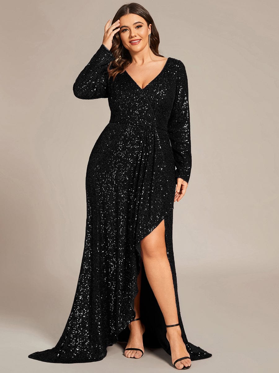 Long Sleeve V-neck Asymmetrical Hem Sequin Evening Dress #color_Black