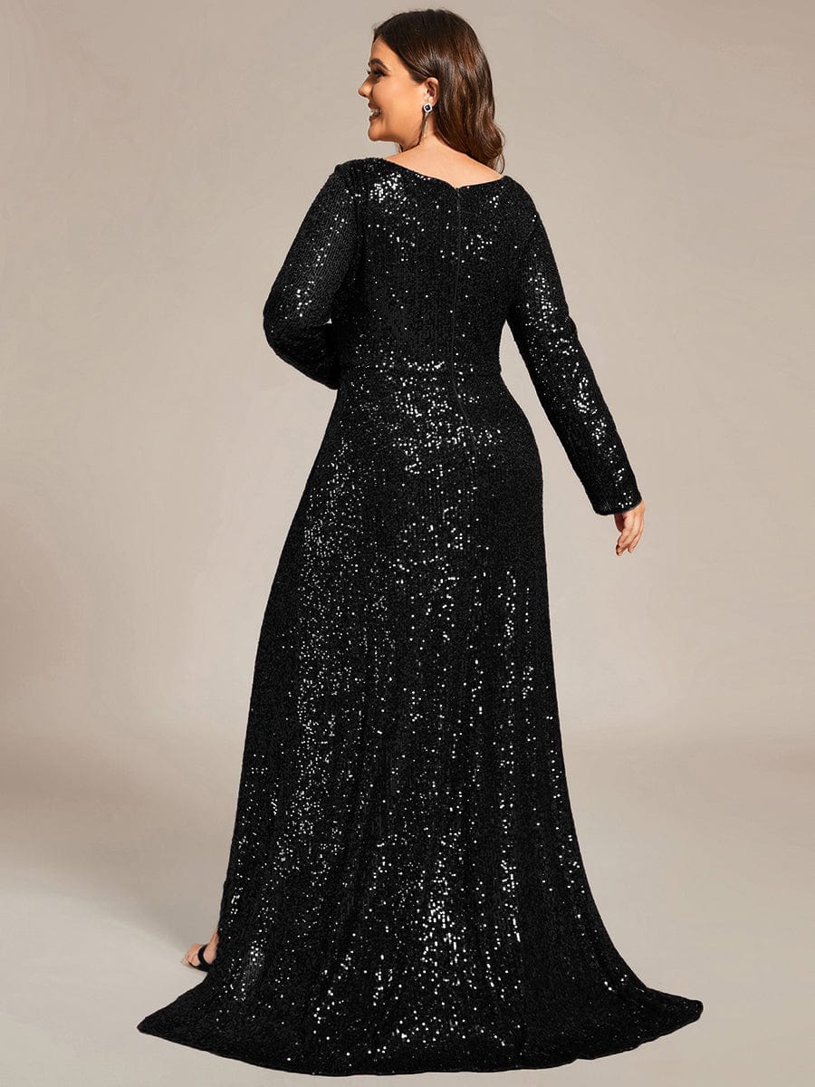 Long Sleeve V-neck Asymmetrical Hem Sequin Evening Dress #color_Black