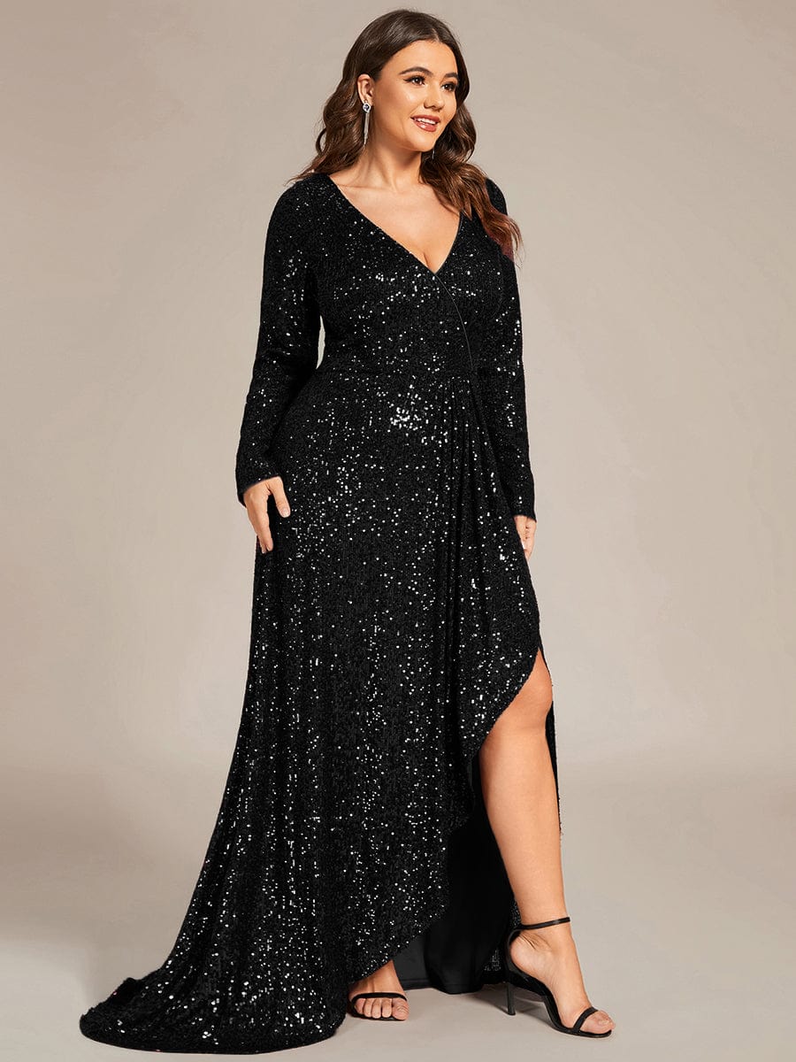 Long Sleeve V-neck Asymmetrical Hem Sequin Evening Dress #color_Black