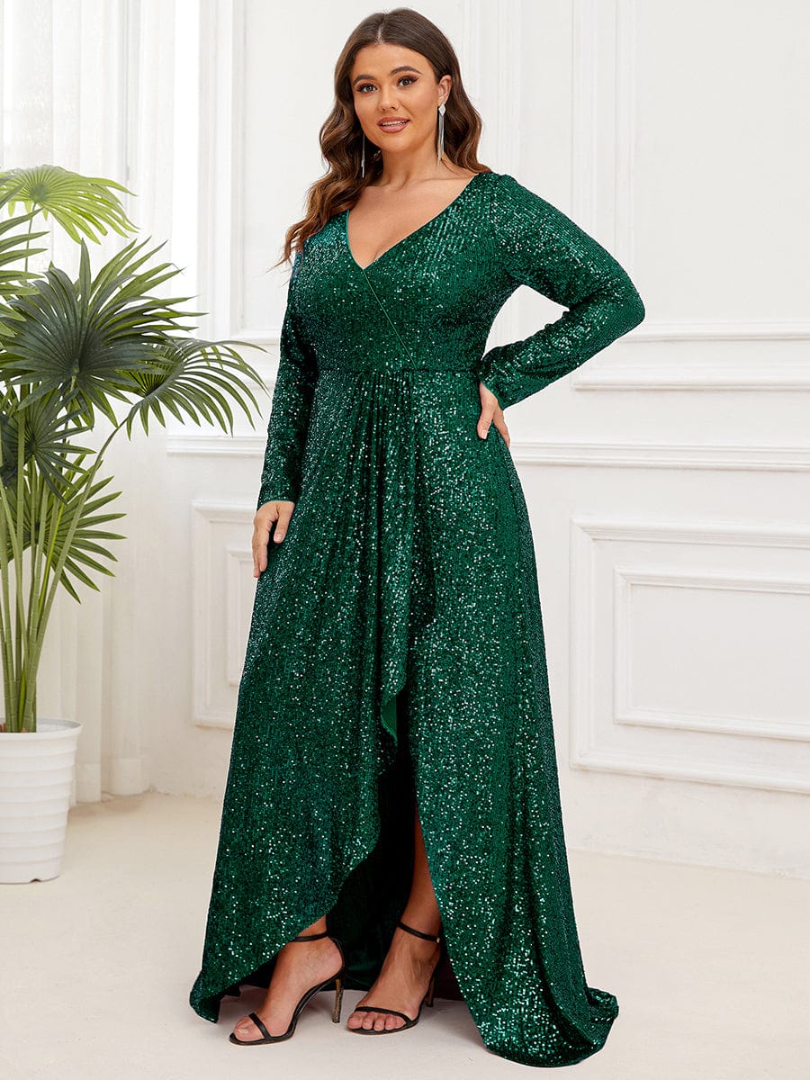 Custom Size Sequin V-neck long Sleeve Evening Dress #color_Dark Green