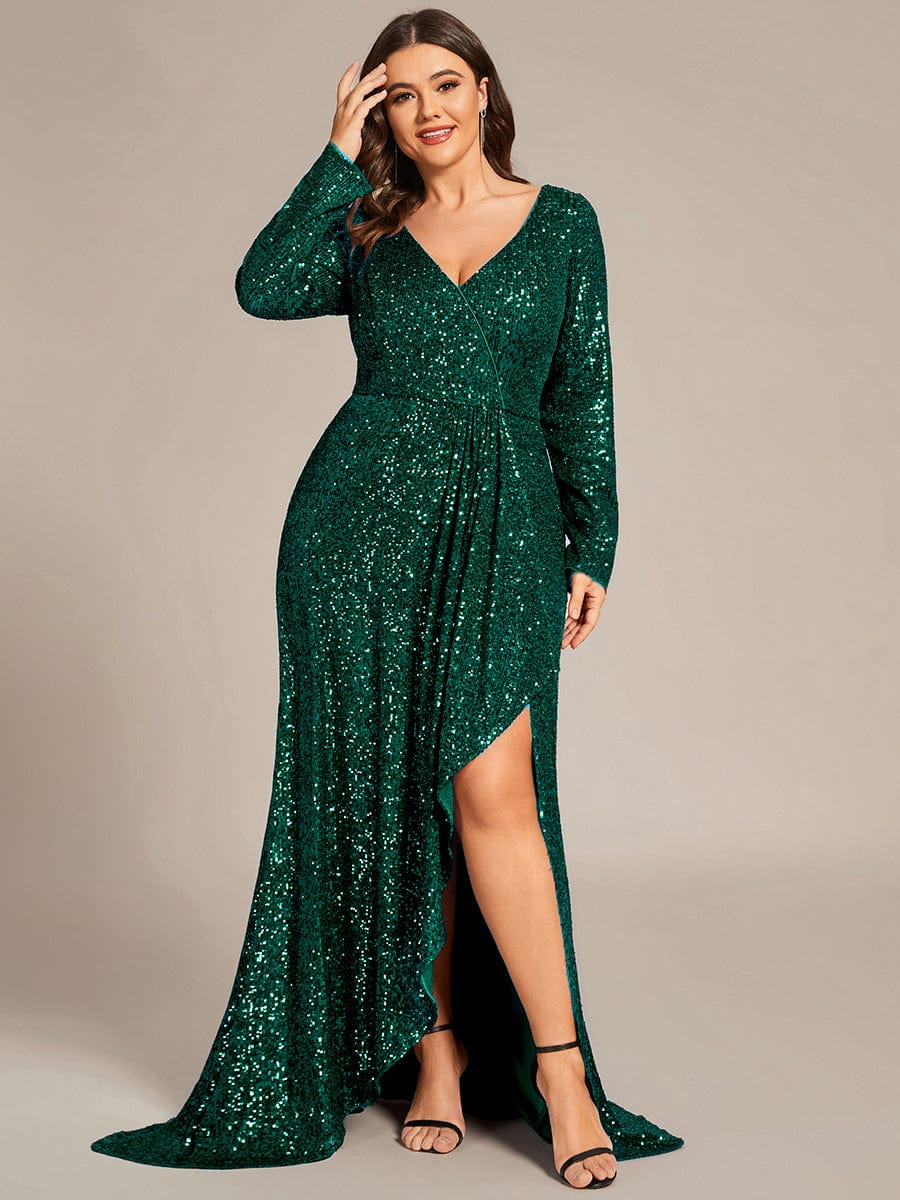 Sequin V-Neck Long Sleeve Evening Dress #color_Dark Green