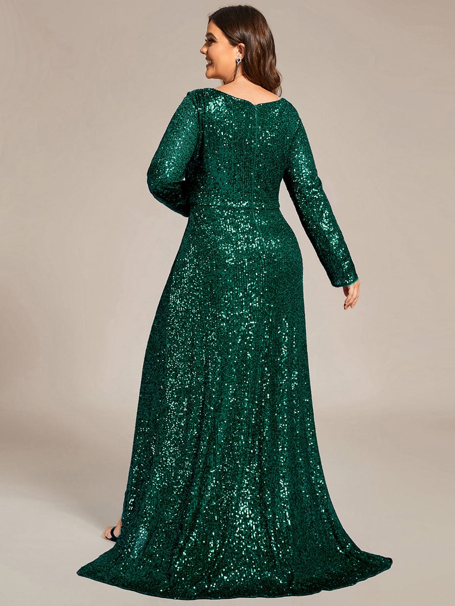 Sequin V-Neck Long Sleeve Evening Dress #color_Dark Green