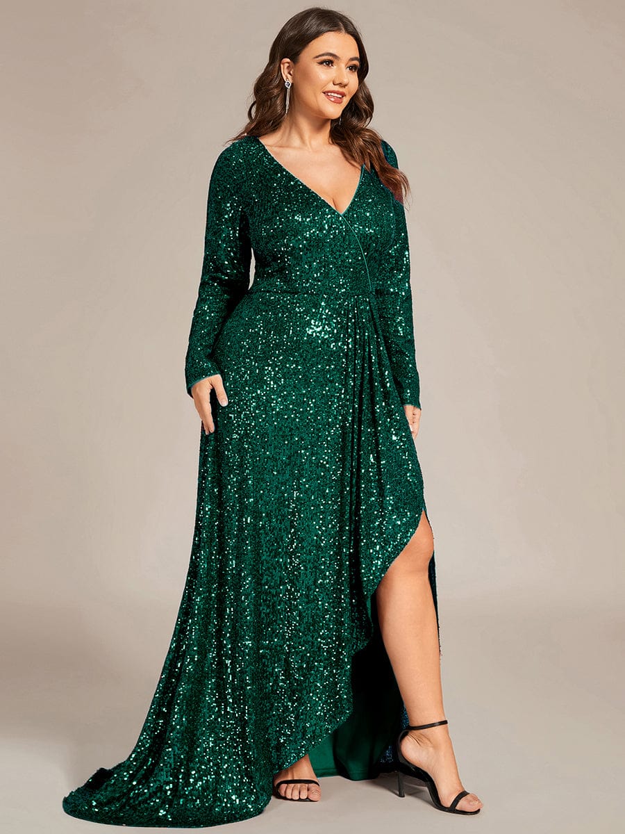 Long Sleeve V-neck Asymmetrical Hem Sequin Evening Dress #color_Dark Green