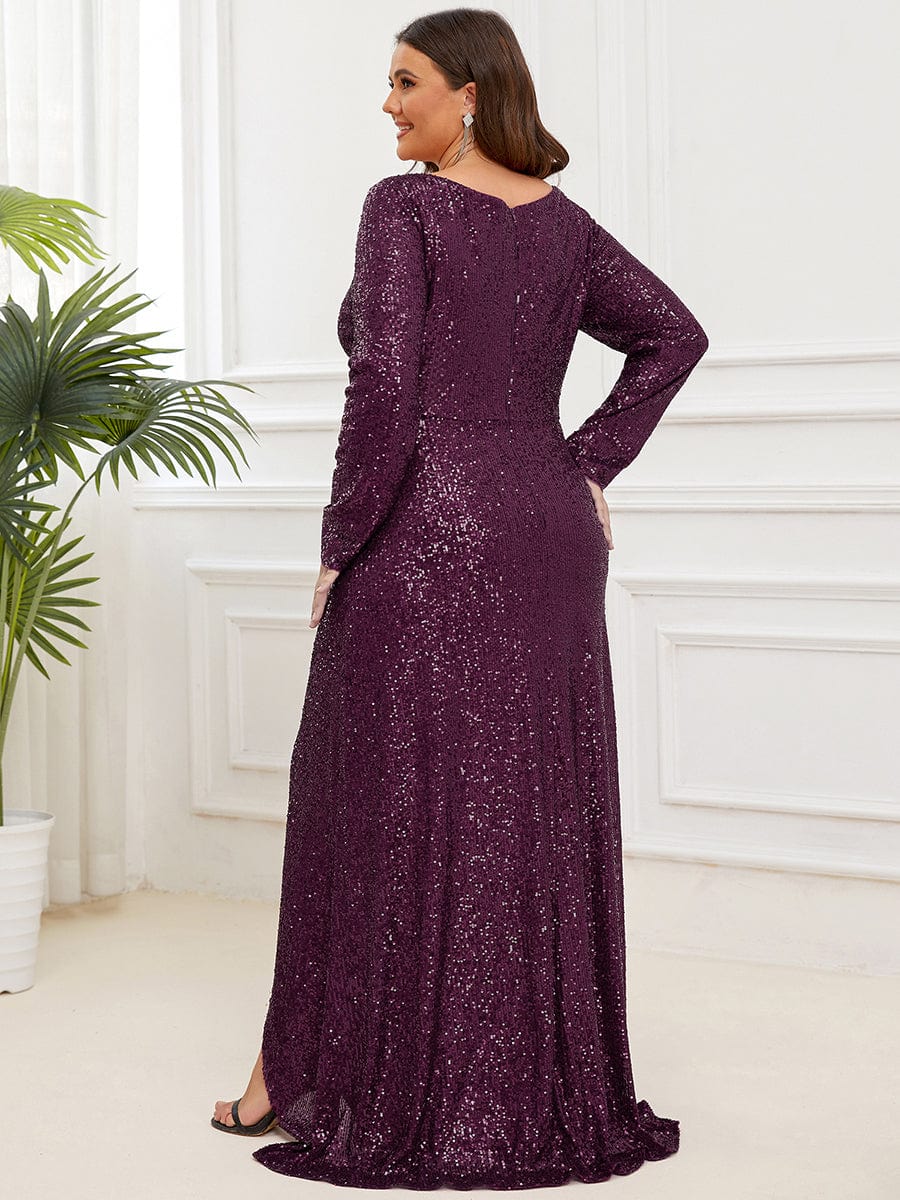 Custom Size Sequin V-neck long Sleeve Evening Dress #color_Dark Purple