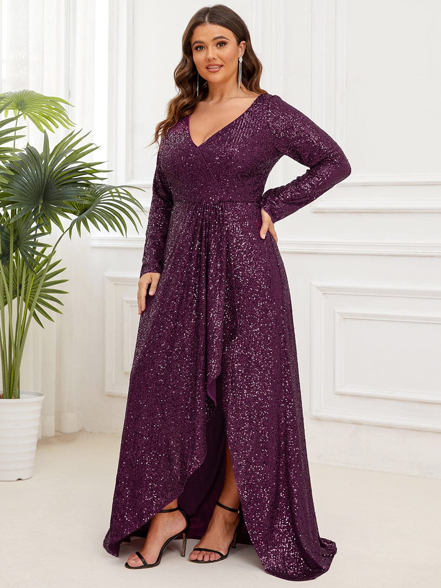 Custom Size Sequin V-neck long Sleeve Evening Dress #color_Dark Purple