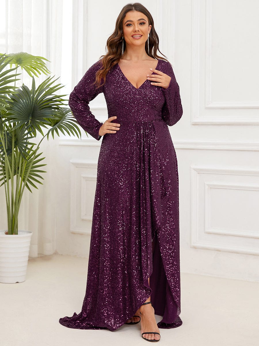 Custom Size Sequin V-neck long Sleeve Evening Dress #color_Dark Purple