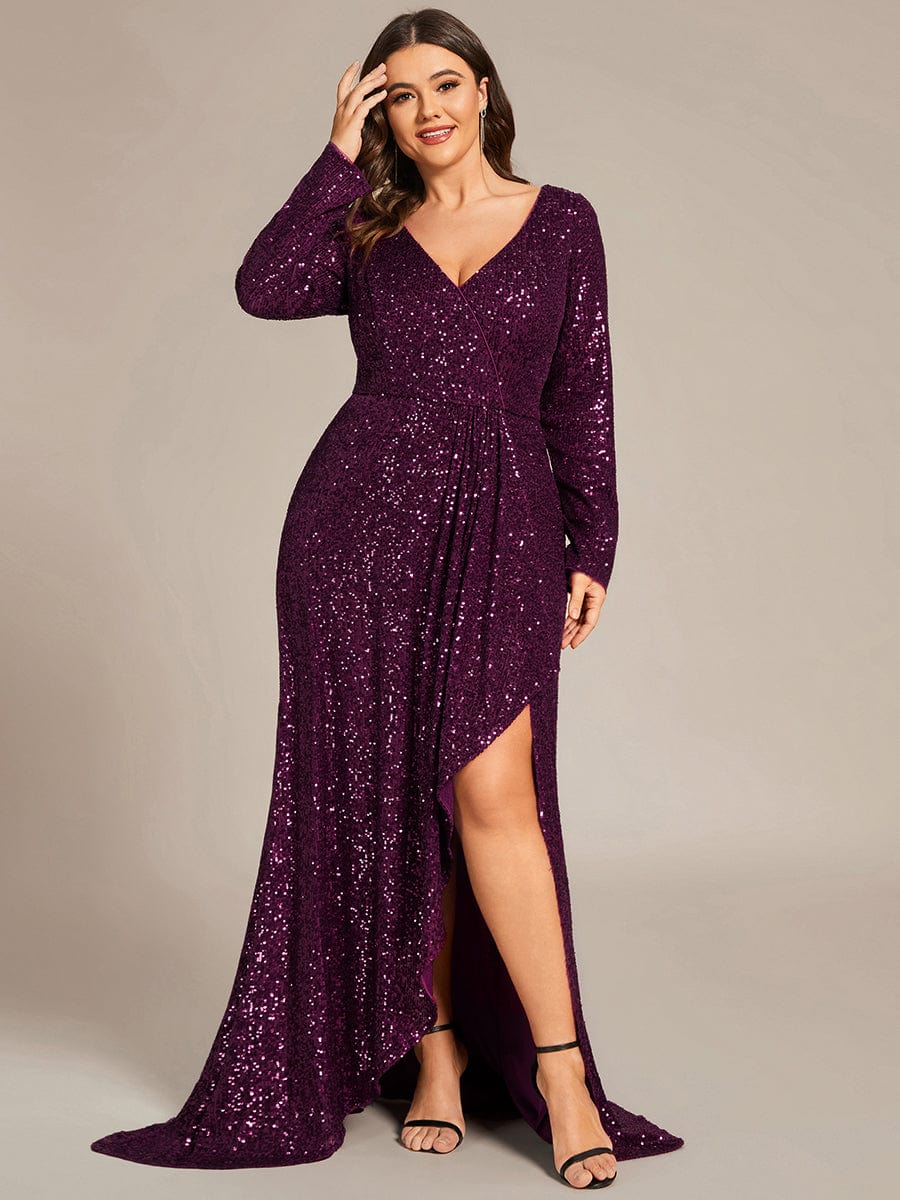 Long Sleeve V-neck Asymmetrical Hem Sequin Evening Dress #color_Dark Purple