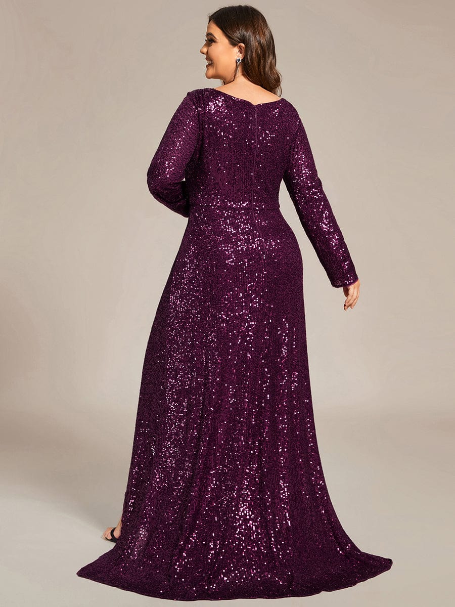 Long Sleeve V-neck Asymmetrical Hem Sequin Evening Dress #color_Dark Purple