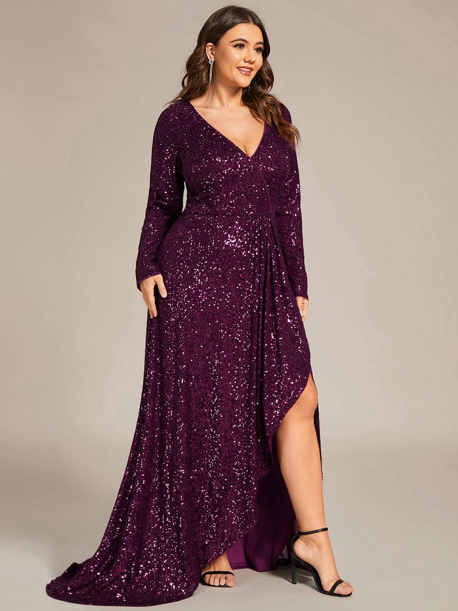 Sequin V-Neck Long Sleeve Evening Dress #color_Dark Purple