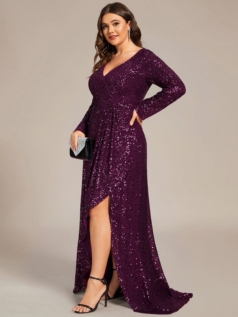 Long Sleeve V-neck Asymmetrical Hem Sequin Evening Dress #color_Dark Purple