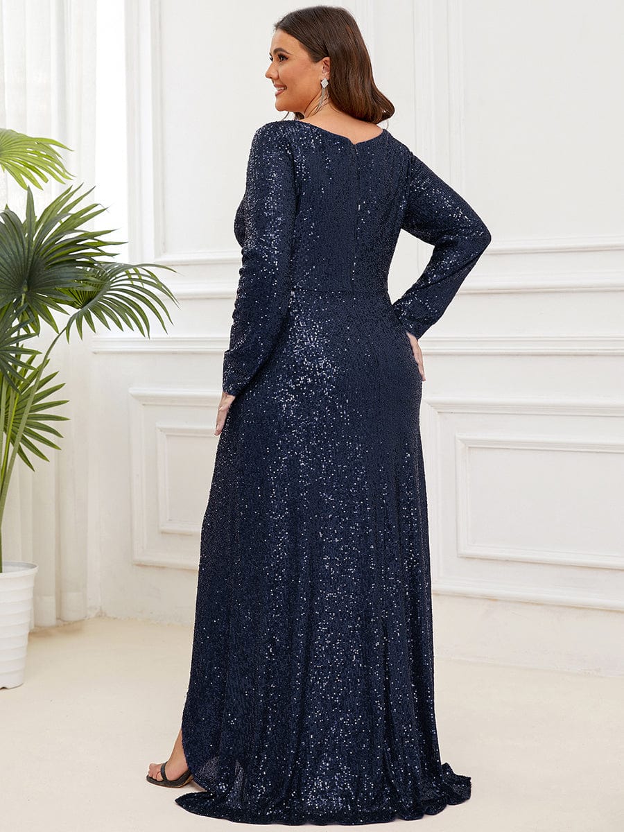 Custom Size Sequin V-neck long Sleeve Evening Dress #color_Navy Blue