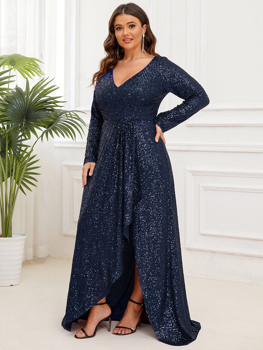 Custom Size Sequin V-neck long Sleeve Evening Dress #color_Navy Blue