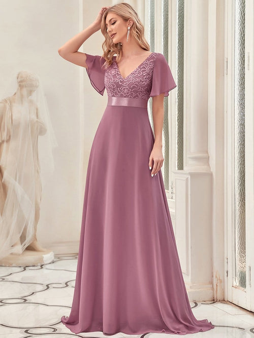 Short Sleeve Low Back Floor Length Evening Dress - Ever-Pretty UK