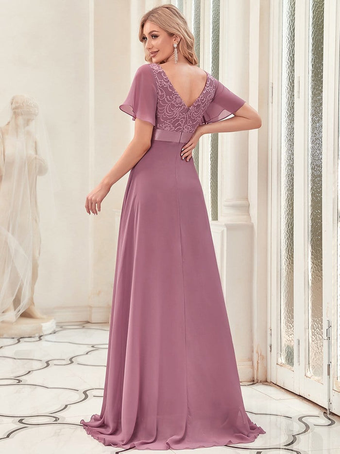 Short Sleeve Low Back Floor Length Evening Dress - Ever-Pretty UK