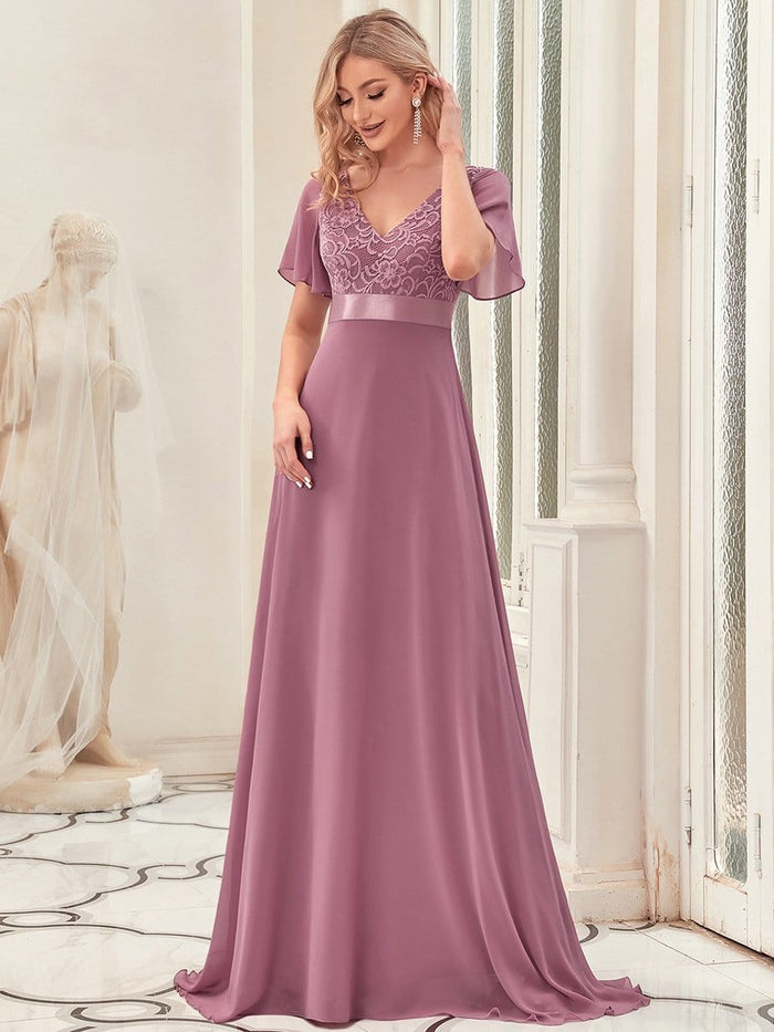 Short Sleeve Low Back Floor Length Evening Dress - Ever-Pretty UK