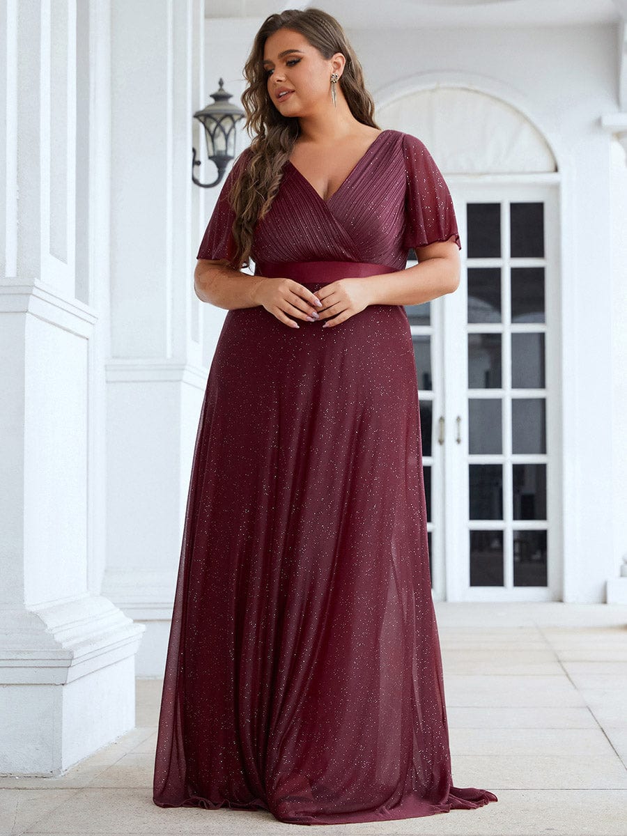 Plus Size Long Shimmery Pleated V-Neck Evening Dress with Flutter Sleeve #color_Burgundy