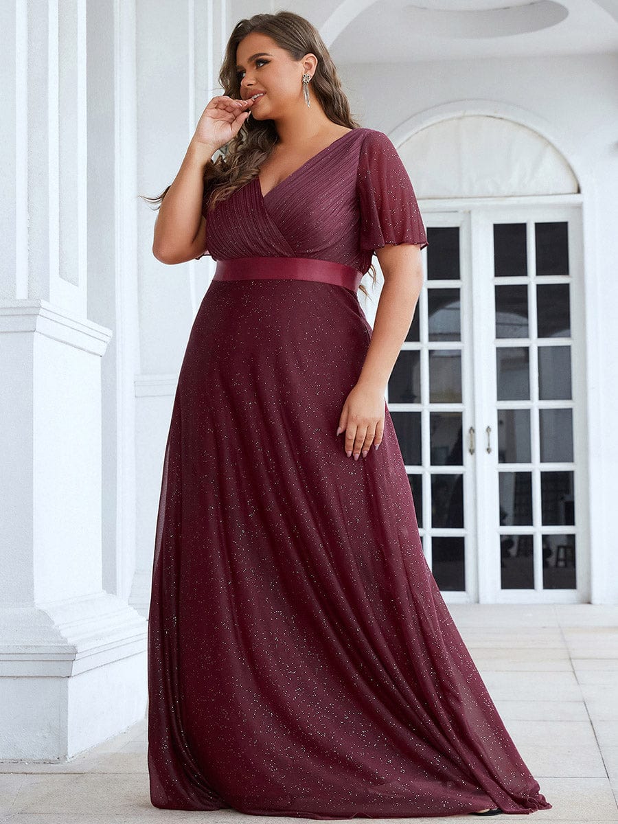 Plus Size Long Shimmery Pleated V-Neck Evening Dress with Flutter Sleeve #color_Burgundy