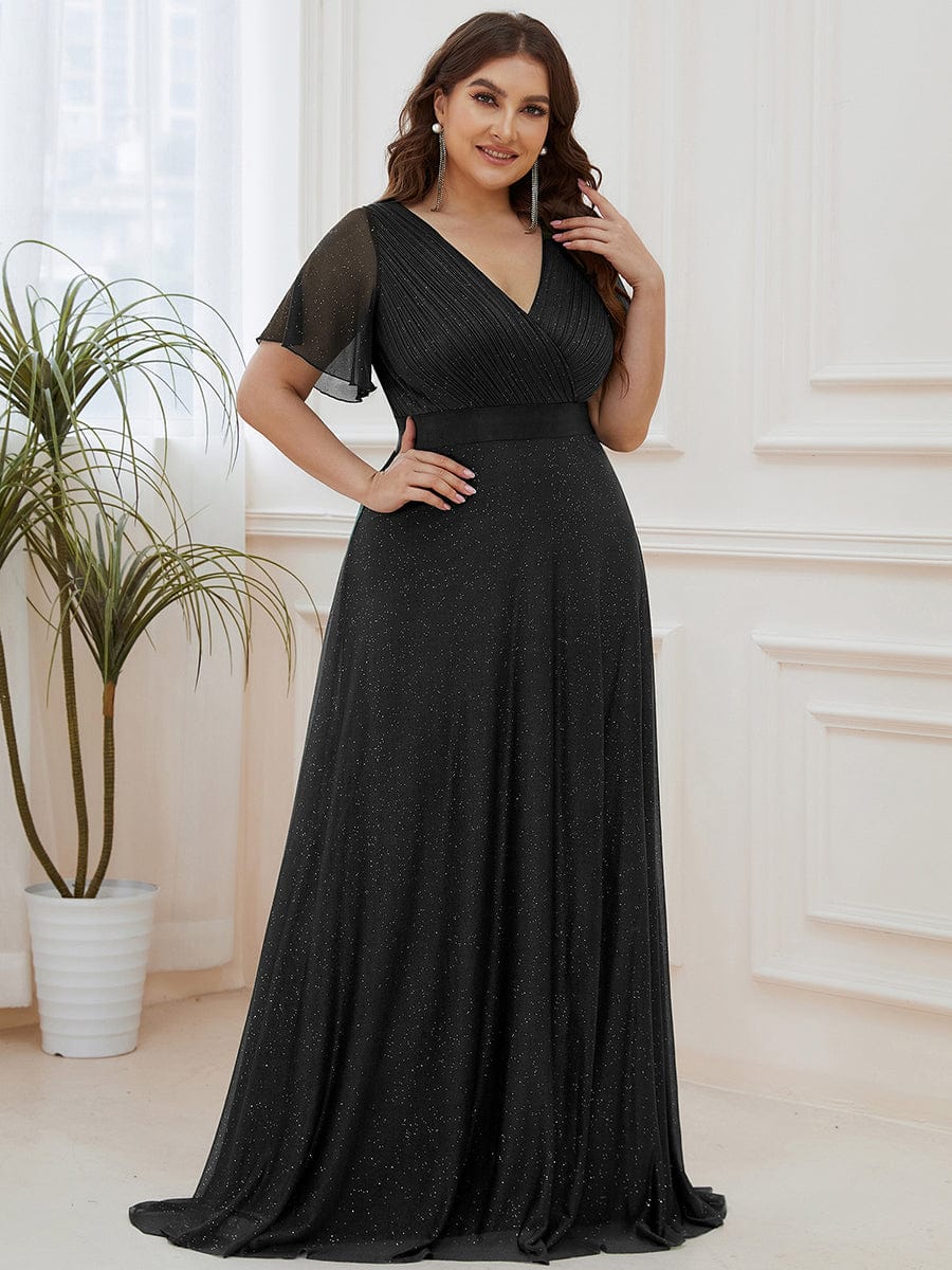 Plus Size Long Shimmery Pleated V-Neck Evening Dress with Flutter Sleeve #color_Black