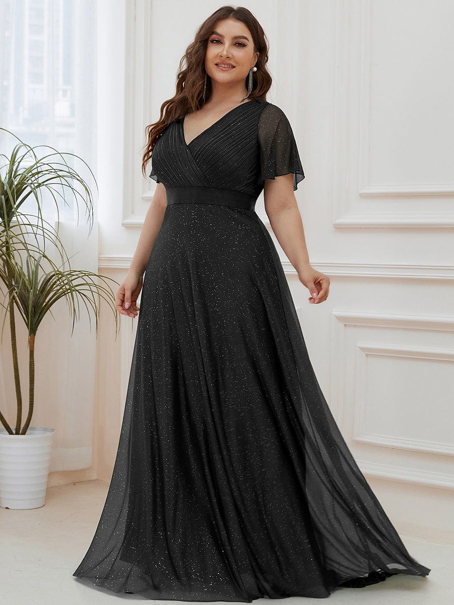 Plus Size Long Shimmery Pleated V-Neck Evening Dress with Flutter Sleeve #color_Black