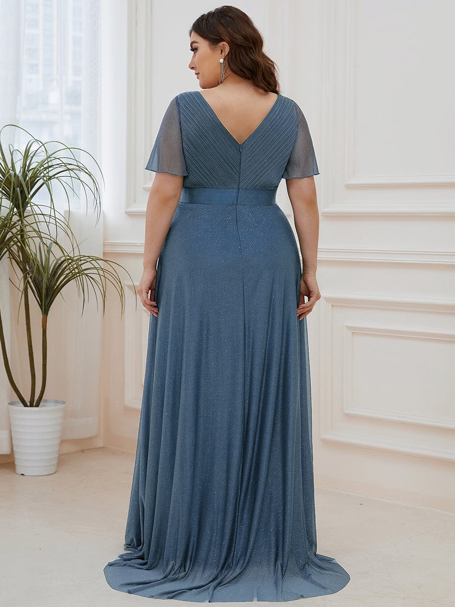 Plus Size Long Shimmery Pleated V-Neck Evening Dress with Flutter Sleeve #color_Dusty Navy