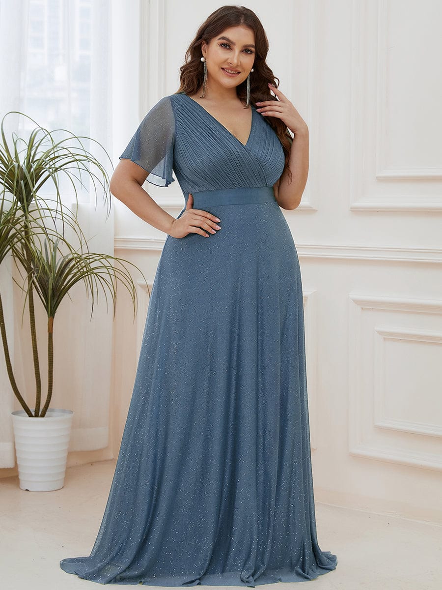 Plus Size Long Shimmery Pleated V-Neck Evening Dress with Flutter Sleeve #color_Dusty Navy