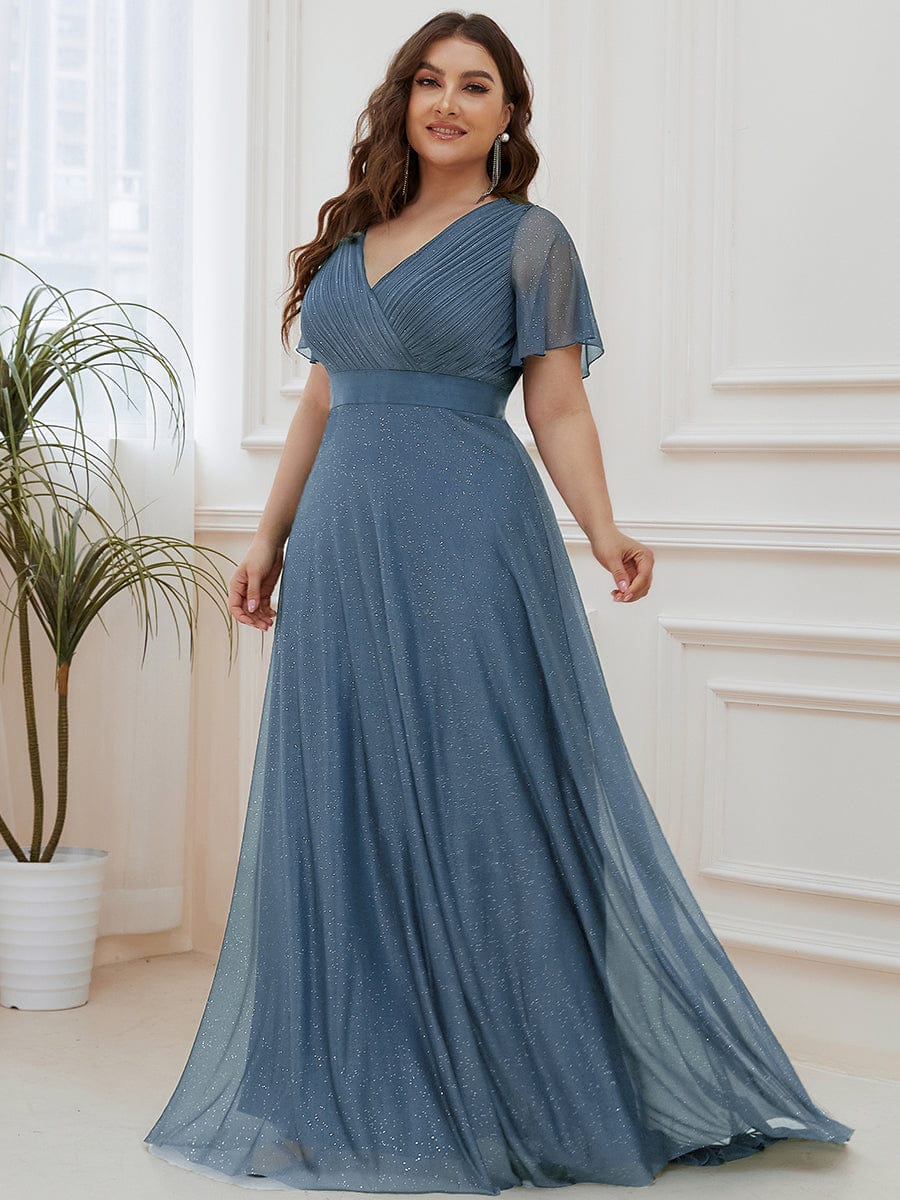 Plus Size Long Shimmery Pleated V-Neck Evening Dress with Flutter Sleeve #color_Dusty Navy