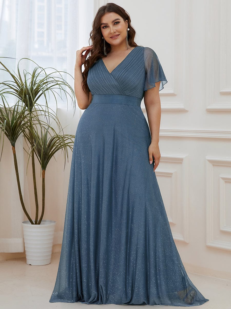 Plus Size Long Shimmery Pleated V-Neck Evening Dress with Flutter Sleeve #color_Dusty Navy