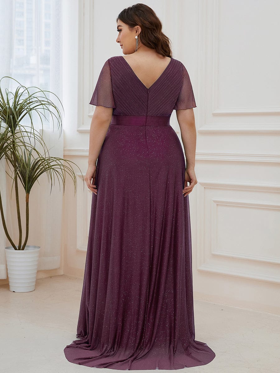 Plus Size Long Shimmery Pleated V-Neck Evening Dress with Flutter Sleeve #color_Dark Purple