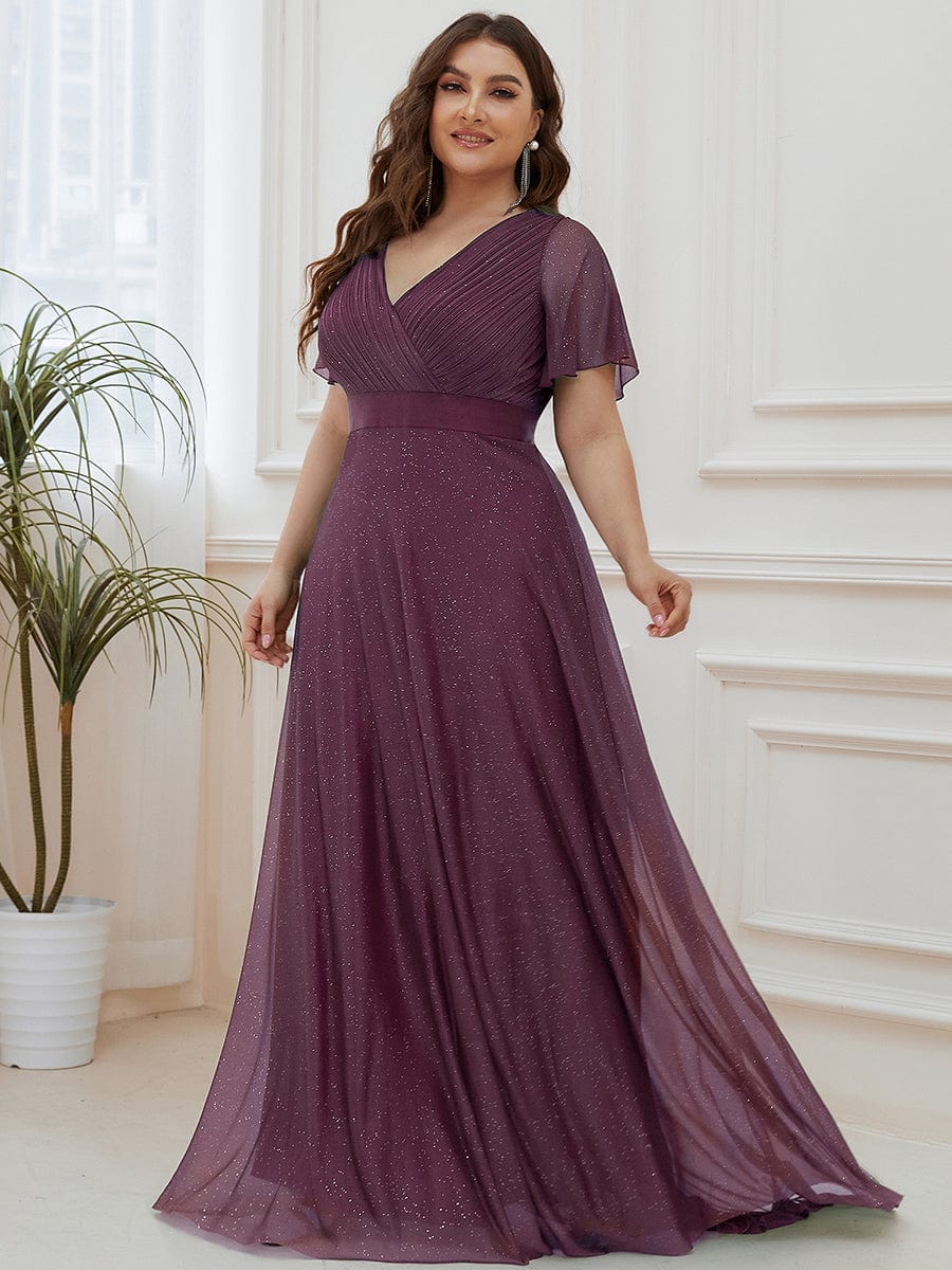 Plus Size Long Shimmery Pleated V-Neck Evening Dress with Flutter Sleeve #color_Dark Purple