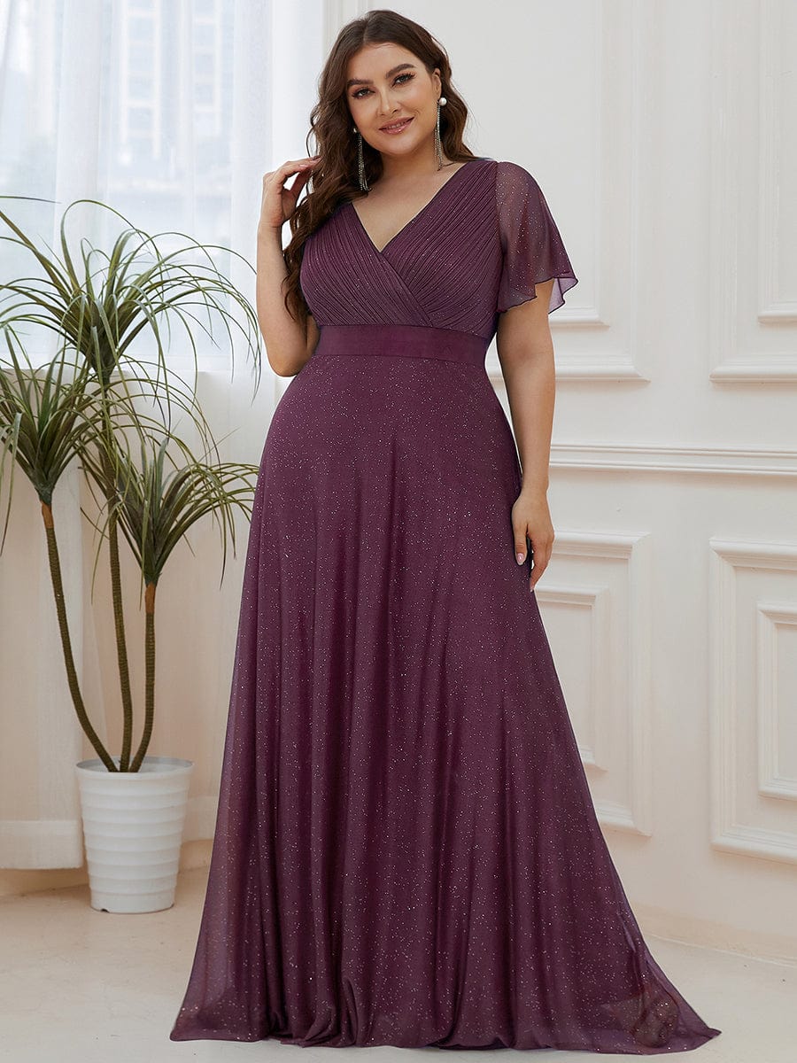 Plus Size Long Shimmery Pleated V-Neck Evening Dress with Flutter Sleeve #color_Dark Purple