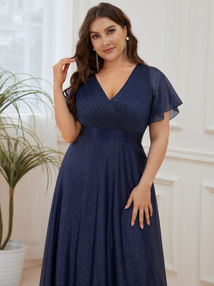 Plus Size Long Shimmery Pleated V-Neck Evening Dress with Flutter Sleeve #color_Navy Blue