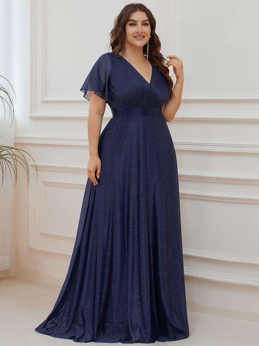 Plus Size Long Shimmery Pleated V-Neck Evening Dress with Flutter Sleeve #color_Navy Blue