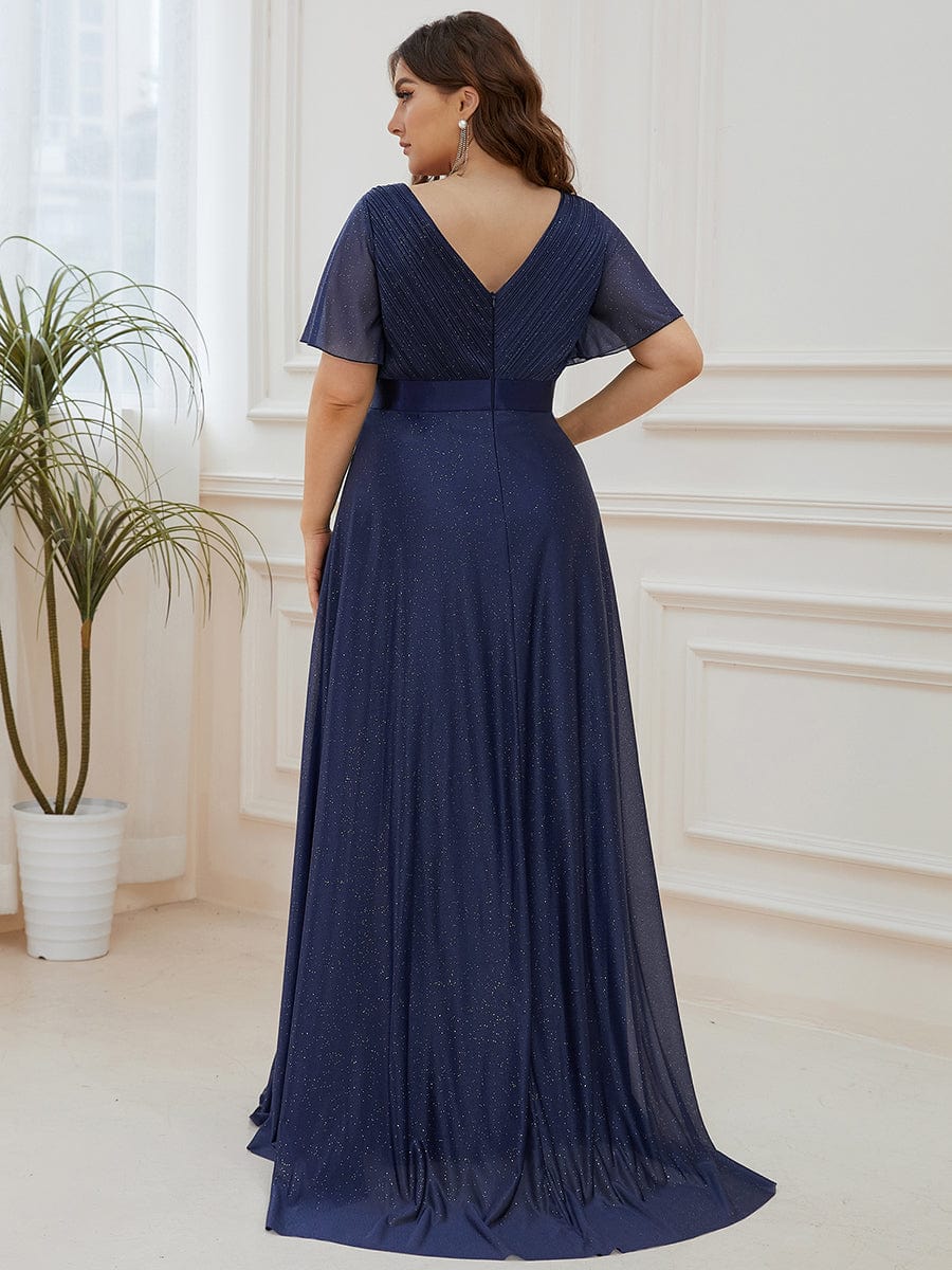 Plus Size Long Shimmery Pleated V-Neck Evening Dress with Flutter Sleeve #color_Navy Blue