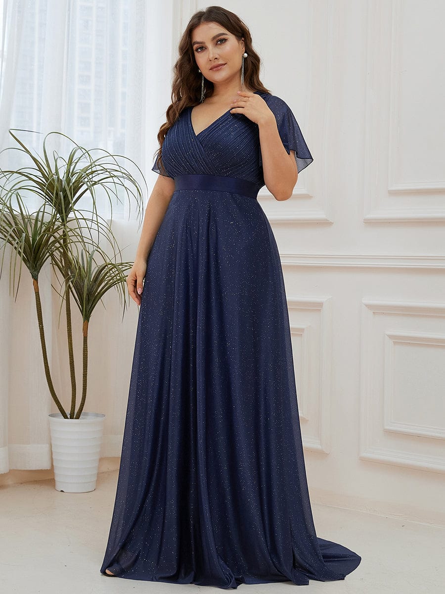 Plus Size Long Shimmery Pleated V-Neck Evening Dress with Flutter Sleeve #color_Navy Blue