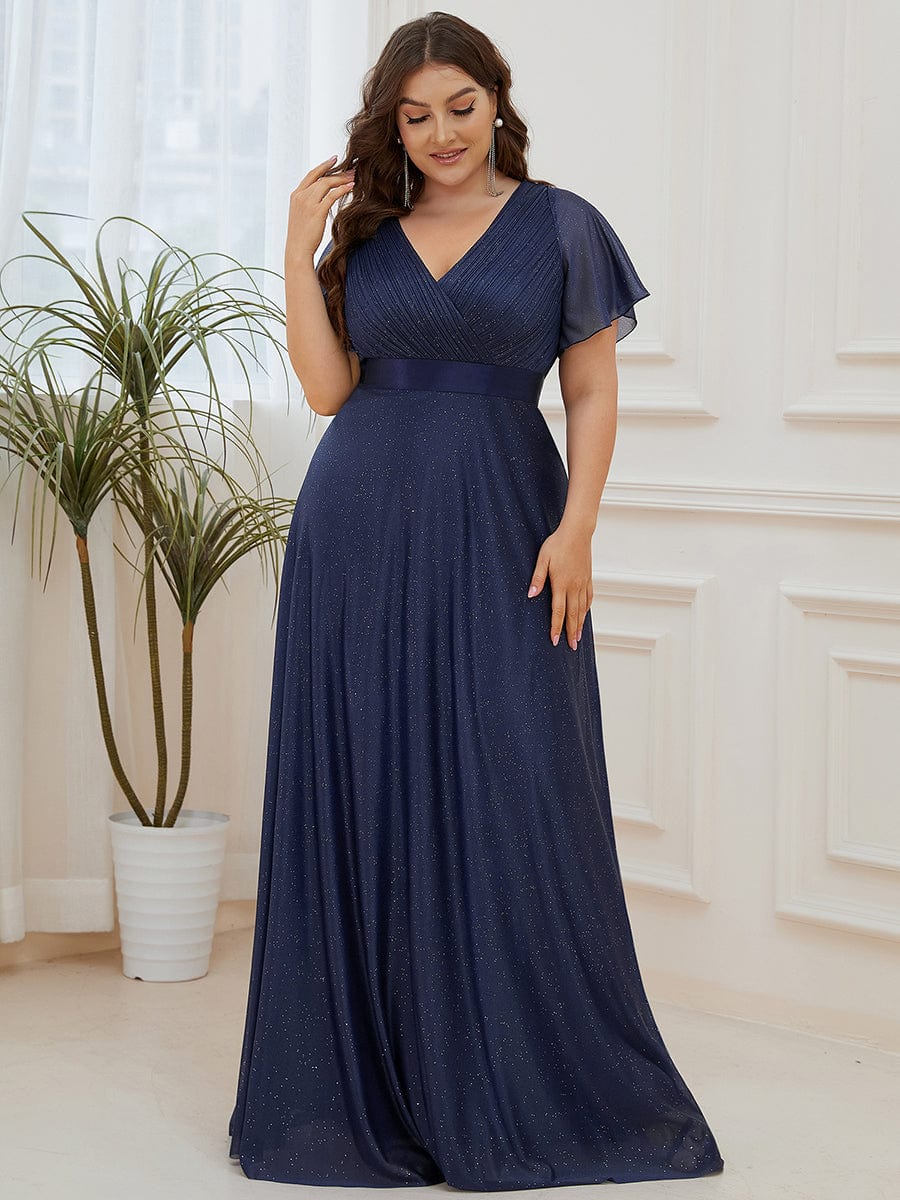 Plus Size Long Shimmery Pleated V-Neck Evening Dress with Flutter Sleeve #color_Navy Blue