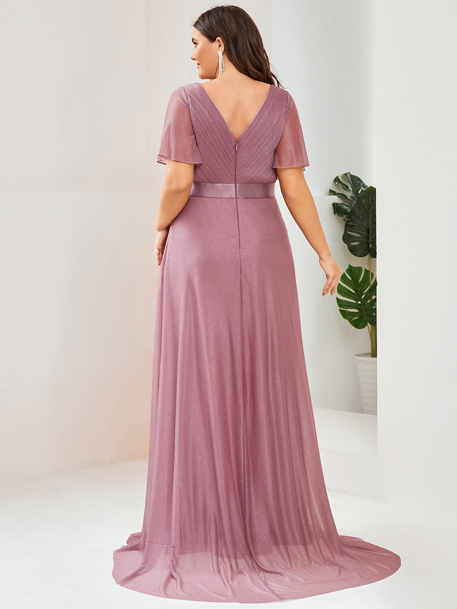 Plus Size Long Shimmery Pleated V-Neck Evening Dress with Flutter Sleeve #color_Purple Orchid