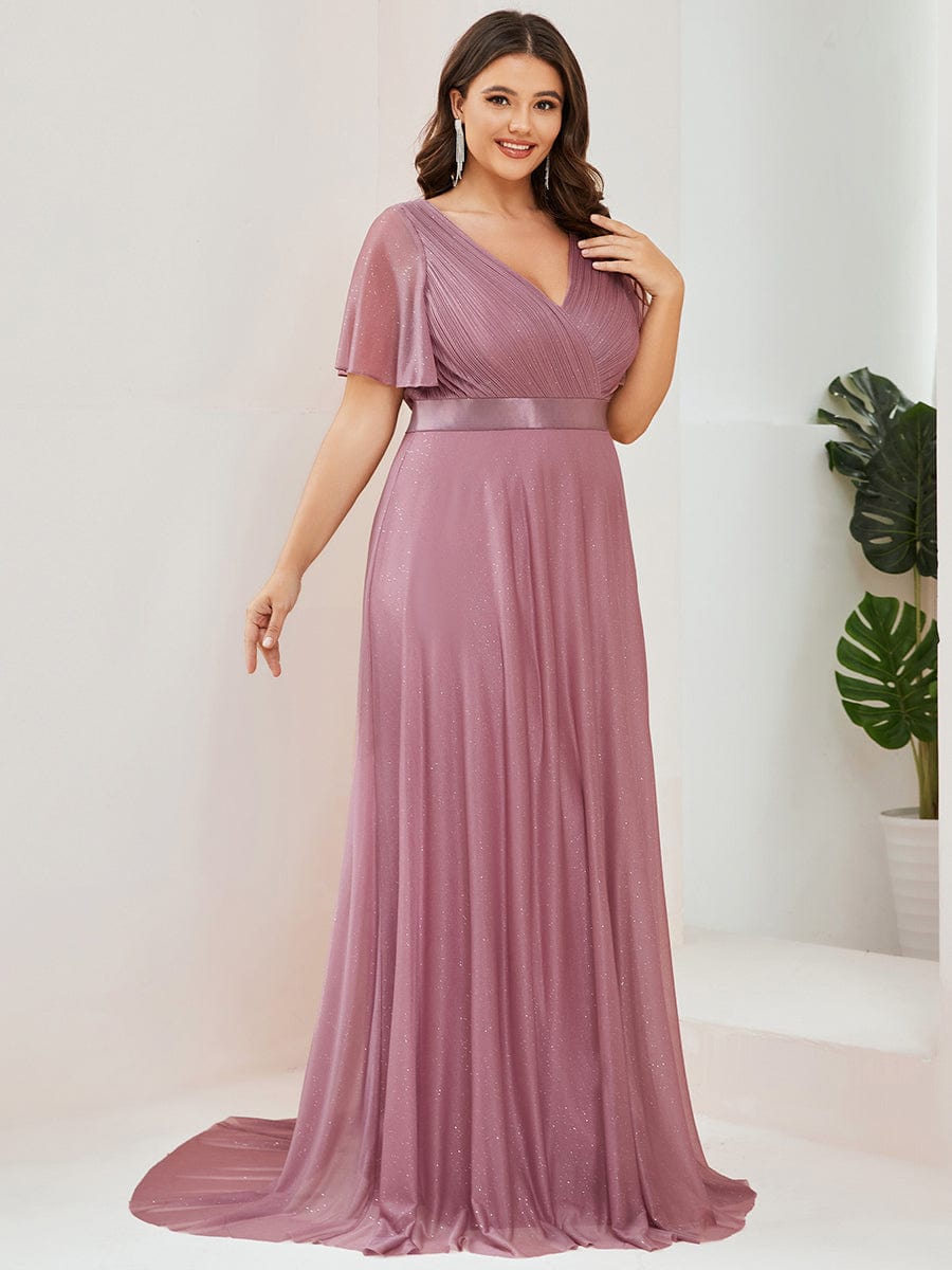 Plus Size Long Shimmery Pleated V-Neck Evening Dress with Flutter Sleeve #color_Purple Orchid