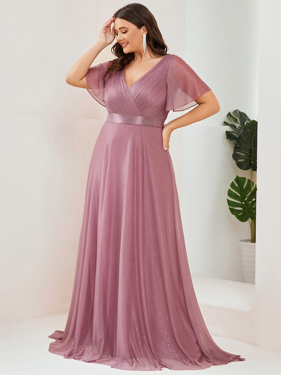 Plus Size Long Shimmery Pleated V-Neck Evening Dress with Flutter Sleeve #color_Purple Orchid