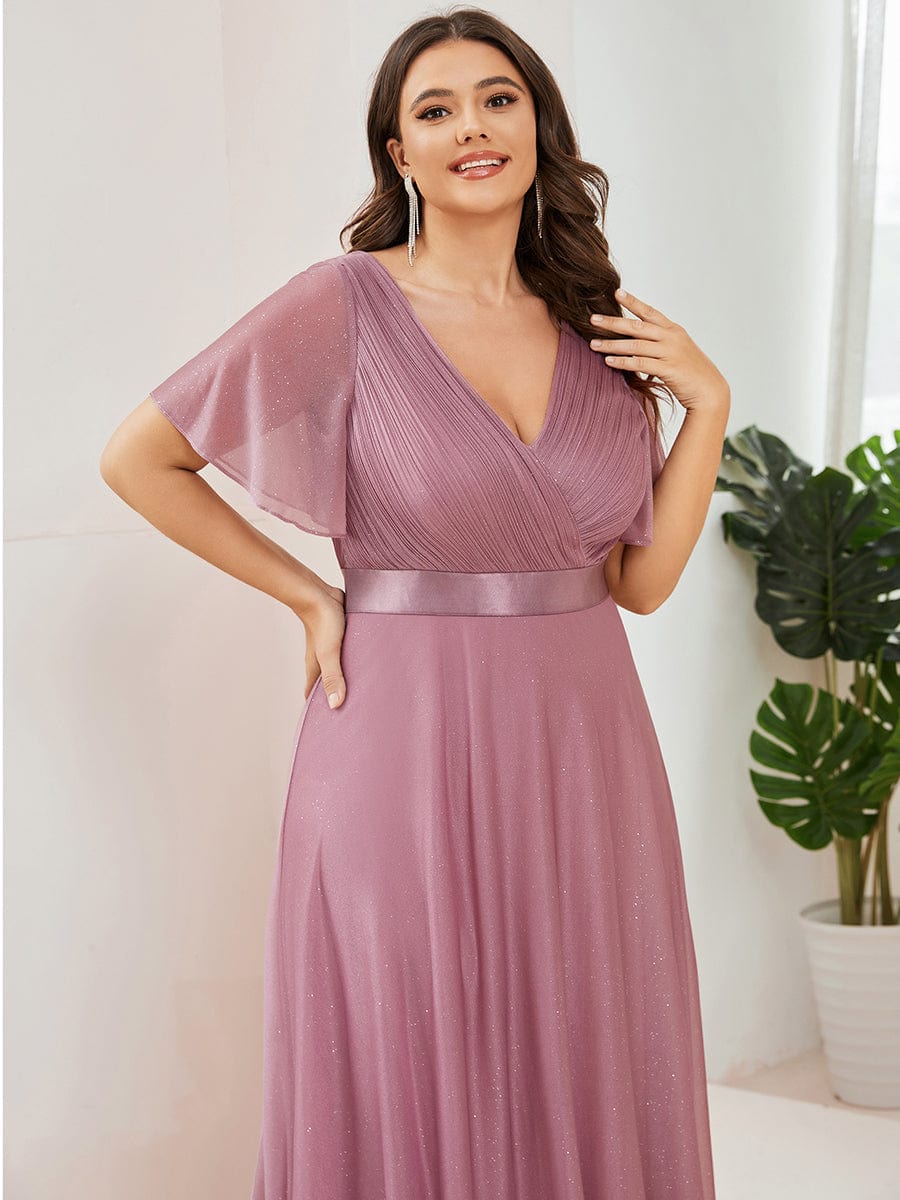 Plus Size Long Shimmery Pleated V-Neck Evening Dress with Flutter Sleeve #color_Purple Orchid