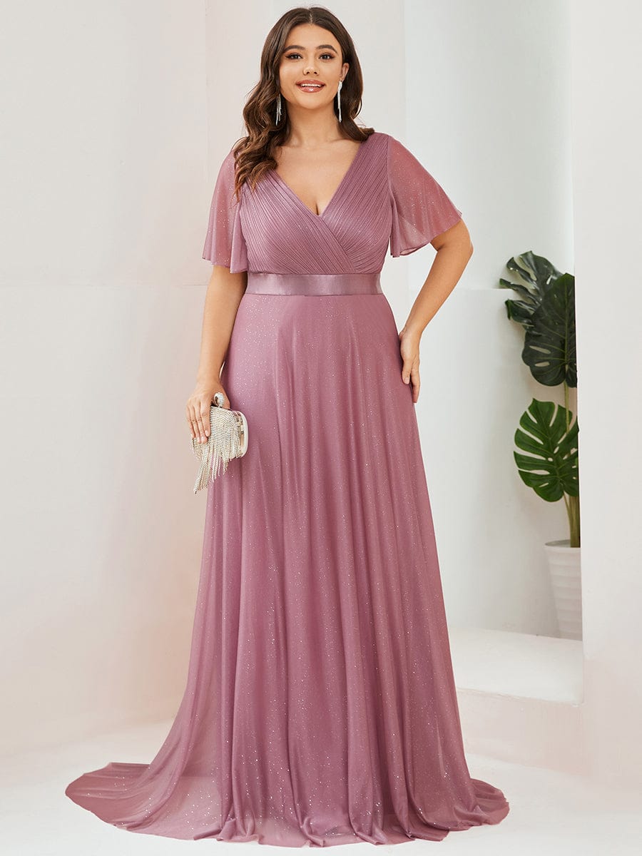 Plus Size Long Shimmery Pleated V-Neck Evening Dress with Flutter Sleeve #color_Purple Orchid