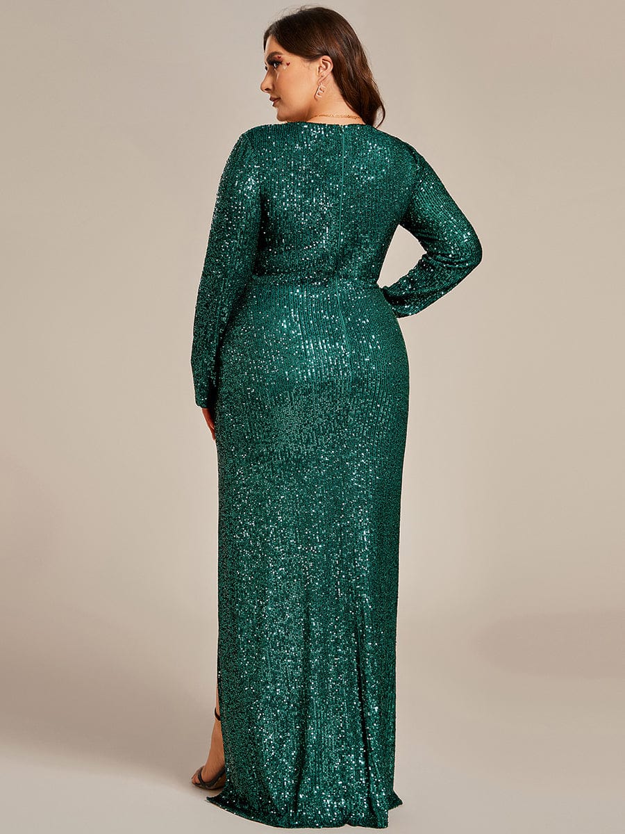 Sequin V-Neck Long Sleeves High Slit Evening Dress  #color_Dark Green