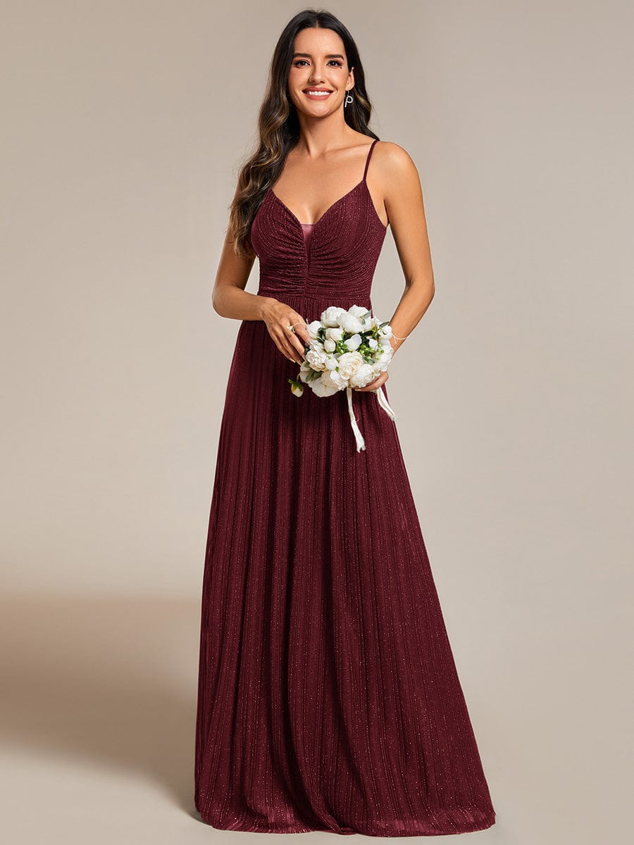 Glittering Pleated Spaghetti Straps Evening Dress with Empire Waist #color_Burgundy