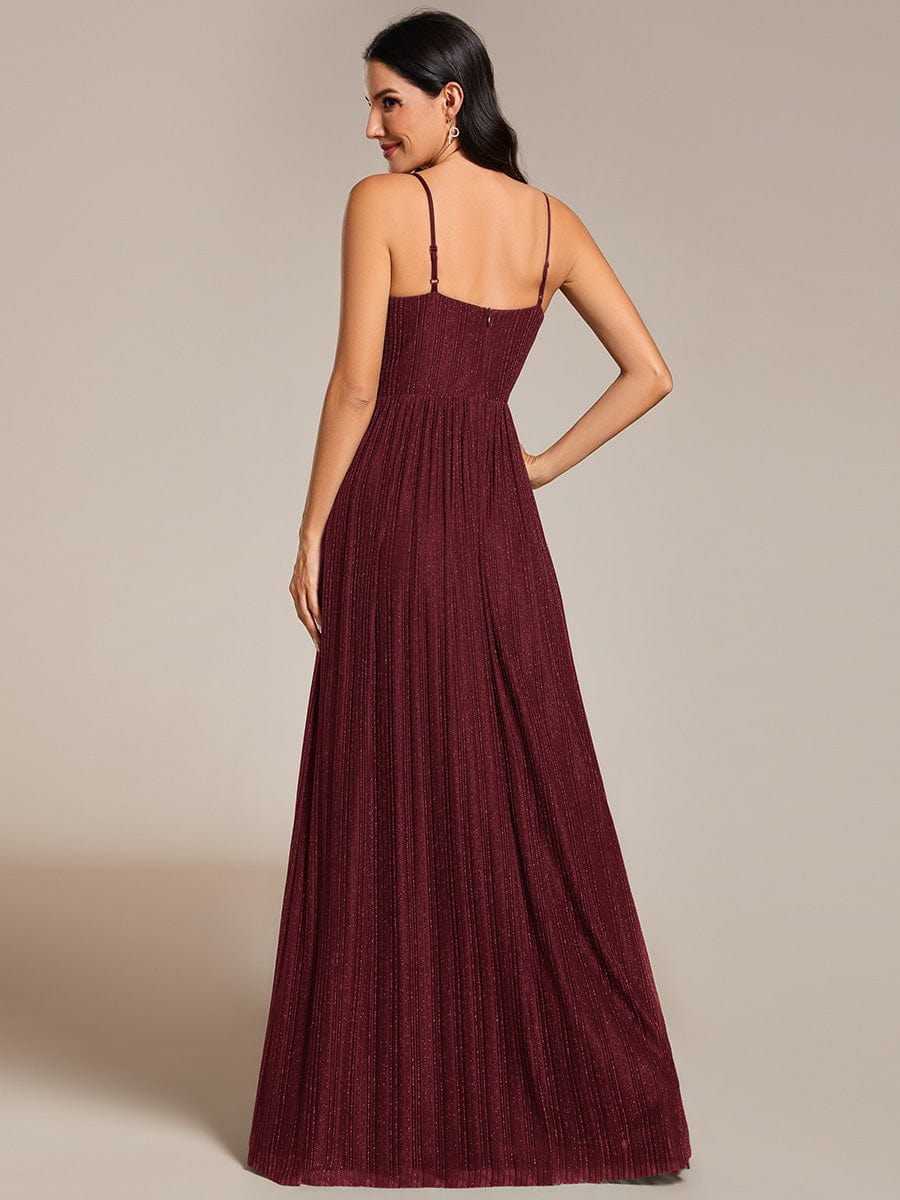 Glittering Pleated Spaghetti Straps Evening Dress with Empire Waist #color_Burgundy