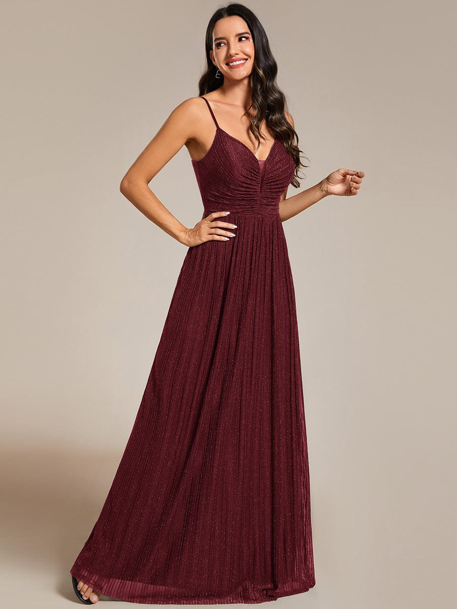 Glittering Pleated Spaghetti Straps Evening Dress with Empire Waist #color_Burgundy