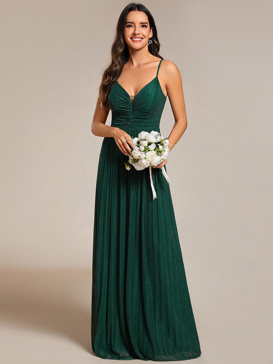 Glittering Pleated Spaghetti Straps Evening Dress with Empire Waist #color_Dark Green