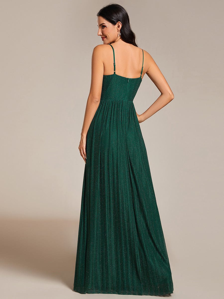 Glittering Pleated Spaghetti Straps Evening Dress with Empire Waist #color_Dark Green