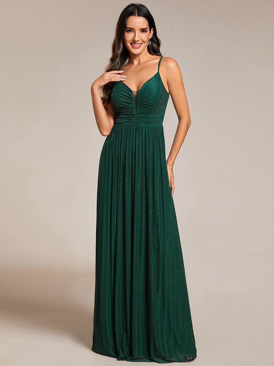 Glittering Pleated Spaghetti Straps Evening Dress with Empire Waist #color_Dark Green