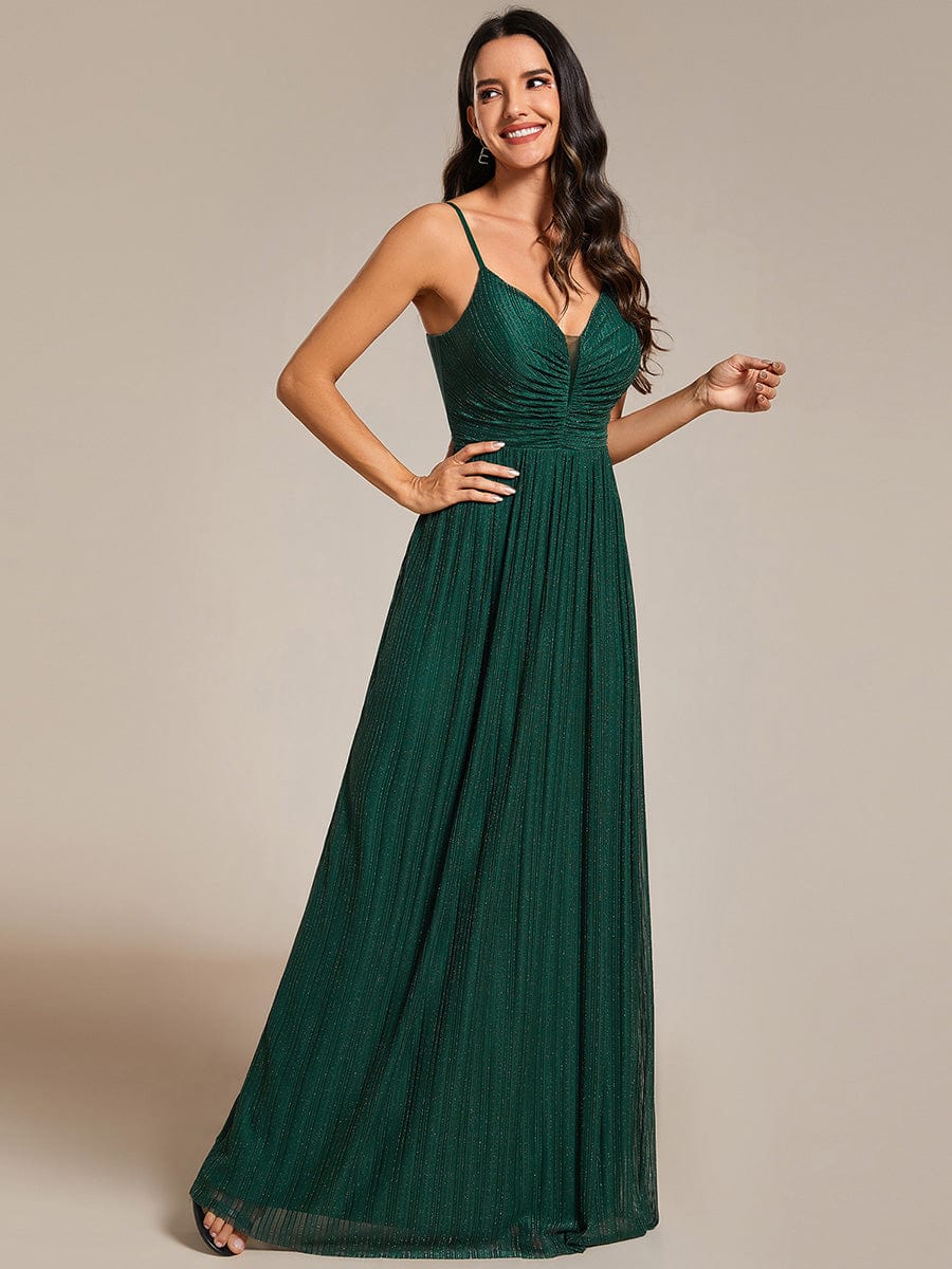 Glittering Pleated Spaghetti Straps Evening Dress with Empire Waist #color_Dark Green