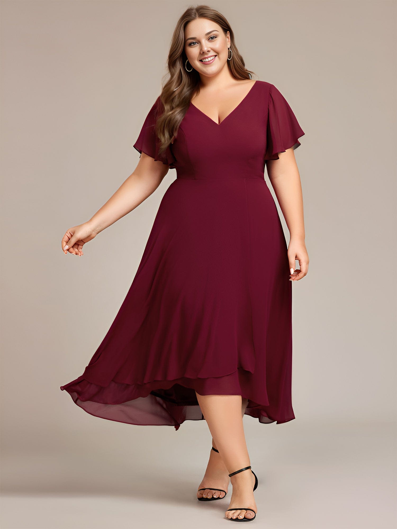 Plus Size High Low Chiffon Wedding Guest Dress with V-Neck and Ruffle Sleeves #Color_Burgundy