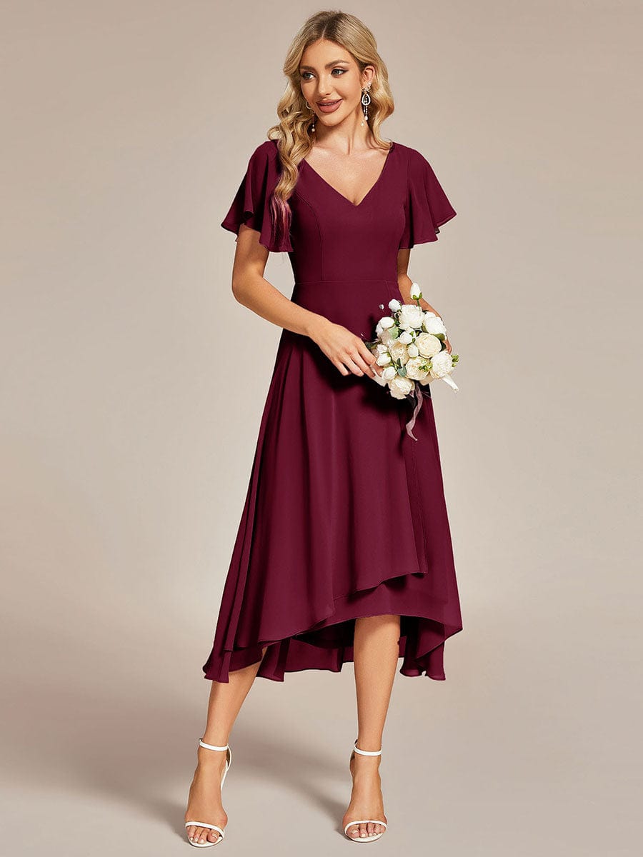 High Low Chiffon Wedding Guest Dress with V-Neck and Ruffle Sleeves #Color_Burgundy